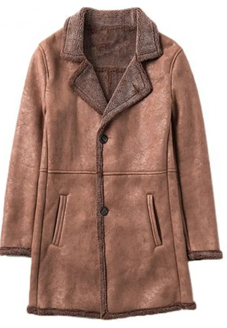 Men's Single Breasted Mid Length Shearling Brown Trench Coat